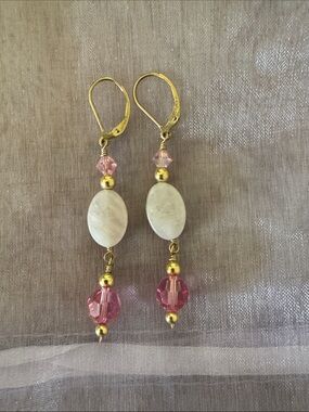 Gold-Tone Pink Bead Drop Earrings with White Oval Accent